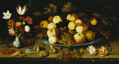 Ovoce na misce, květiny ve váze Wanli Kraak Porselein, snítky třešní a červeného rybízu, mušle, růže, tulipán, růžovka, ještěrka, šnek a červený admirál na kamenné římse, vážky nahoře, 1626 od Balthasar van der Ast