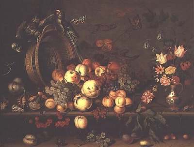 Zátiší s ovocem, květinami a papoušky, začátek 20. let 17. století (panel) od Balthasar van der Ast