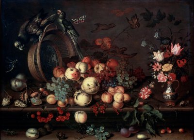 Zátiší s ovocem, květinami a papoušky, 20. léta 17. století od Balthasar van der Ast