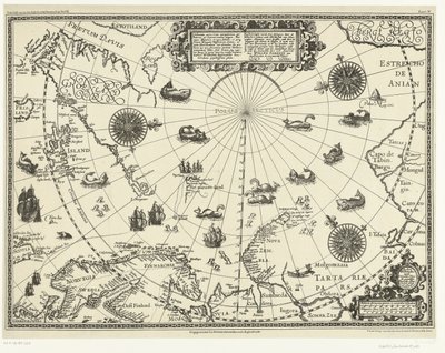 Mapa zemí kolem polárního kruhu se třemi plavbami Nizozemců v roce 1598 od Baptista van (after) Doetechum