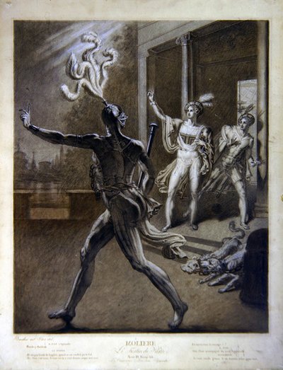 Don Juan a Commendatore, ilustrace z 12. scény IV. dějství hry "Don Juan aneb Slavnost Pierra" od Moliera od Barathier Barathier
