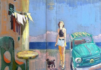 léto v itálii, 2024, olej na antikvárním lněném obalu knihy od Barbara Hoogeweegen