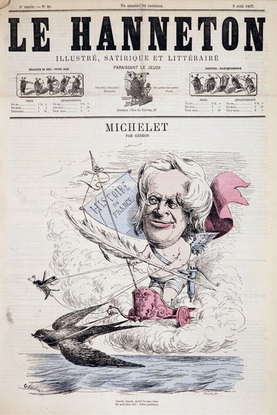 Kreslený Jules Michelet – od Gedeona v “”Le Hanneton”” 8.8.1867 od Baril Gedeon
