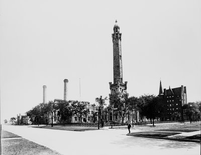 Chicago Water Tower, Chicago, Illinois, USA, cca 1900 (černobílá fotografie) od Barnes and Crosby