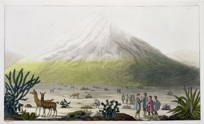 Mount Chimborazo, Ekvádor, z „Le Costume Ancien et Moderne“, svazek II, deska 3, od Julese Ferraria, vyryto Paolo Fumagalli, publikováno kolem 20.–30. let 19. století od Baron Friedrich Alexander von Humboldt