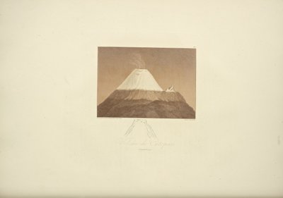 Sopka Cotopaxi, kreslil Gmelin, ryl Arnold, ilustrace z "Vues des Cordillères et Monumens des Peuples Indigènes de l"Amérique" od Alexandra von Humboldta a Aime Bonpland, 1813 od Baron Friedrich Alexander von Humboldt