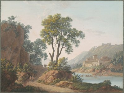 Říční krajina s hrady a cestovateli od Baron Louis Albert Guillain Bacler d