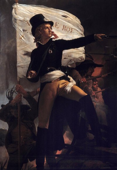 Portrét en pied de Henri Duverger, Comte de La Rochejaquelein (nebo Orchard de La Rochejacquelein) (1772-1794) generál prodaný s vlajkou live le roi““ (na hrudi odznaky Vendees)““ (Války z Vendee) Obraz Autor: Pierre Narcisse (Pierre-Narcisse) G od Baron Pierre Narcisse Guerin