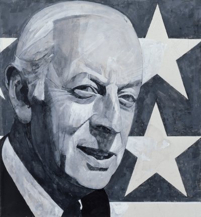 Portrét Alistaira Cookea, ilustrace pro The Listener, 70. léta (kvaš na palubě) od Barry Fantoni