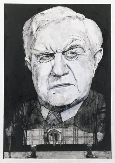 Portrét Andrewa Cruickshanka, ilustrace pro The Sunday Times (kvaš na palubě) od Barry Fantoni