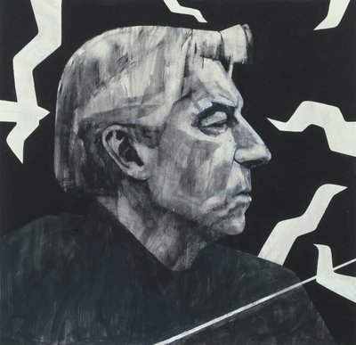 Portrét Herberta von Karajana, ilustrace pro The Sunday Times, 70. léta (kvaš na palubě) od Barry Fantoni