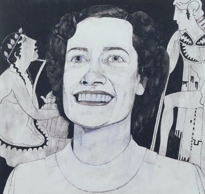 Portrét Joan Sutherlandové, ilustrace pro The Sunday Times, 70. léta (kvaš na palubě) od Barry Fantoni