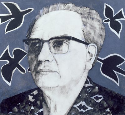 Portrét Oliviera Messiaena, ilustrace pro The Sunday Times, 70. léta (kvaš na palubě) od Barry Fantoni
