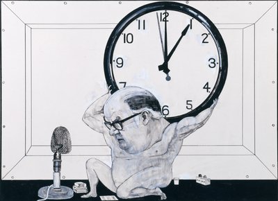 Portrét Williama Hardcastla, ilustrace pro The Radio Times, 70. léta (kvaš a pero a inkoust na palubě) od Barry Fantoni