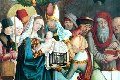Německy: Křídlo bývalého hlavního oltáře Frauenkirche s výjevy Panny Marie Welserův oltář: Obětování Panny Marie a Ježíše v chrámu od Barthel Beham