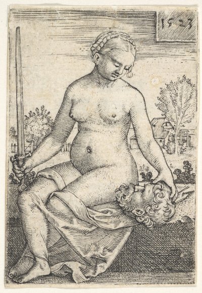 Judith, sedící nahá s mečem v pravé ruce, hledící dolů na hlavu Holoferna ..., 1523. od Barthel Beham