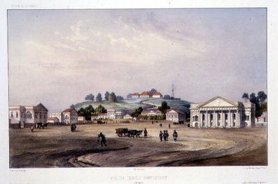 Pohled na protestantský chrám, Singapur, vyrytý Alfred Leon Lemercier, kolem roku 1840 (ručně kolorované lito) od Barthelemy (after) Lauvergne
