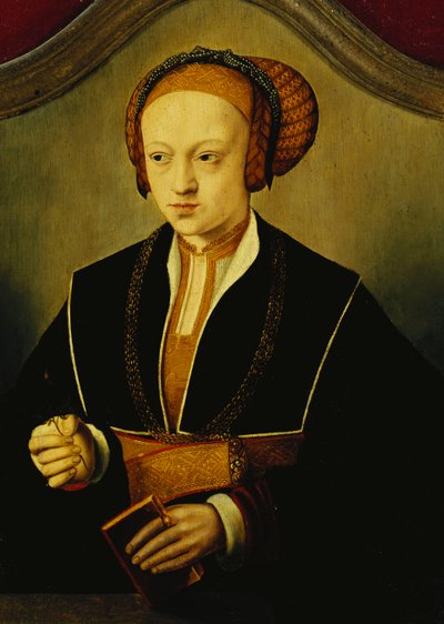 Portrét dámy, o níž se říká, že je princezna Sibylle z Cleve, poloviční délka, na sobě černý kostým, zlatý řetízek a propracovanou čelenku, držící knihu a poupě růže, od Bartholomaeus Bruyn
