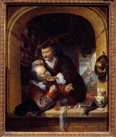 Medicína: „“ lékař způsobí malé krvácení, aby léčil pacientovy bolesti hlavy““ Obraz Bartoloměje Matona (1643-1684) Slunce 17. století. 0,27x0,21 m Paříž, Musee du Petite Palais od Bartholomaus Maton