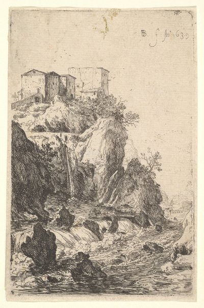 Kaskády poblíž Ponte della Trave, s budovami na skalnatém výběžku výše, ze série ..., 1639. od Bartholomeus Breenbergh