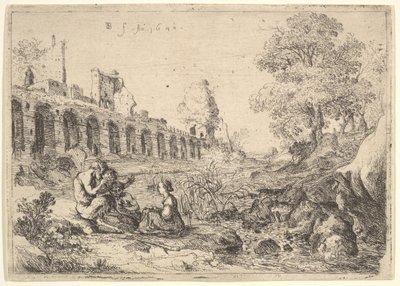 Korsika sedící před satyry na břehu řeky, z dvojice desek pro Battistu Gu..., 1640. od Bartholomeus Breenbergh