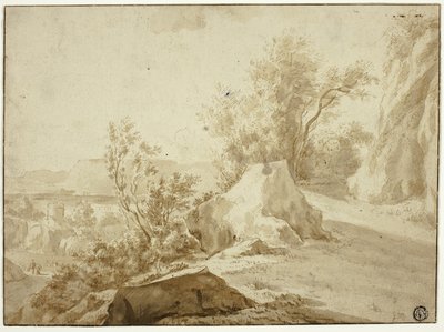 Skály a horská cesta, postavy a město níže od Bartholomeus Breenbergh