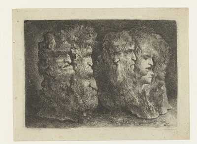 Různé hlavy mužů, zvířat a maskaronů od Bartholomeus Breenbergh