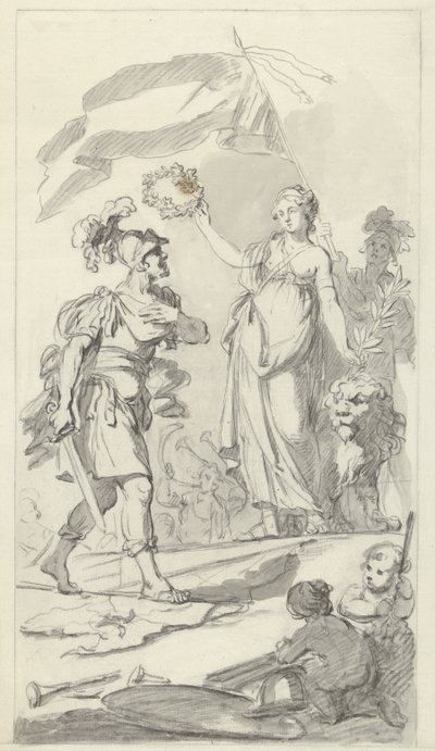 Statečný Batavián korunovaný holandskou Pannou, 1799 Návrhy pomníku na národní slavnosti oslavující mír 17. prosince 1799 (název série) od Bartholomeus Ziesenis