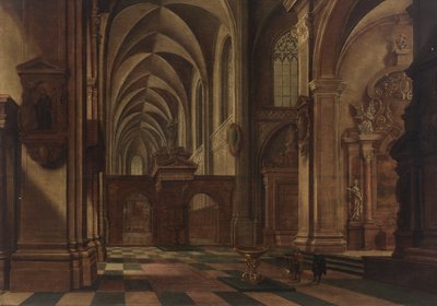 Interiér katolického kostela s postavami a psem u křtitelnice v popředí od Bartholomeus van Bassen