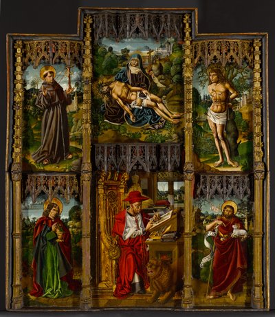 Přenosný oltářní obraz: Pietà, svatí František, Sebastian, Jan Evangelista, Jeroným a Jan Křtitel, kolem roku 1500 od Bartolomé Bermejo