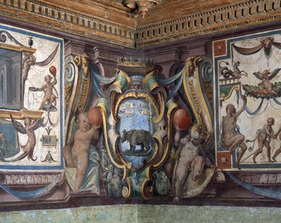 Sala del Granduca di Toscana sál velkovévody z Toskánska detail vlysu znázorňujícího znamení zvěrokruhu, nosorožce, freska 1564-75 od Bartolomeo Ammannati