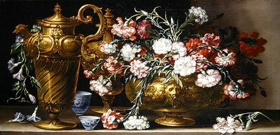 Zátiší s Pinks v pouzdře a florentský džbán na římse (olej na plátně) od Bartolomeo Bimbi