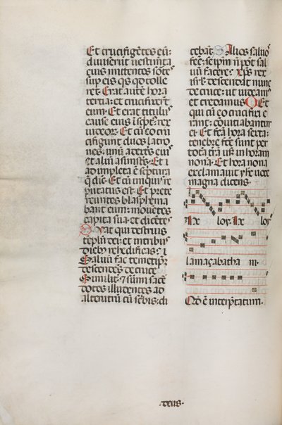 Missale: Fol. 128v: obsahuje hudbu pro Hely Hely Lama atd. v rámci St. Mattion Passion, 1469. od Bartolomeo Caporali