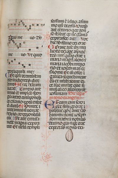 Missale: Fol. 129: obsahuje hudbu pro Hely Hely Lama atd. v rámci St. Mattion Passion, 1469. od Bartolomeo Caporali