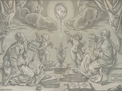 Alegorie teze, dvě ženy drží desky s nápisem, 1640. od Bartolomeo Coriolano