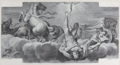 Talíř 34: Auriga, vozataj, padá z vozu uprostřed, se třemi koňmi v l..., 1756. Tvůrci: Bartolomeo Crivellari, Gabriel Söderling. od Bartolomeo Crivellari, Gabriel Söderling