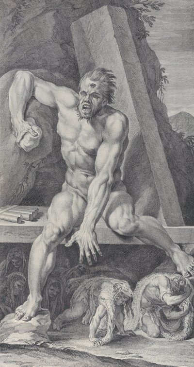 Deska 7: oslepený Polyphemus, střežící vchod do své jeskyně, s Odyssem a jeho..., 1756 od Bartolomeo Crivellari