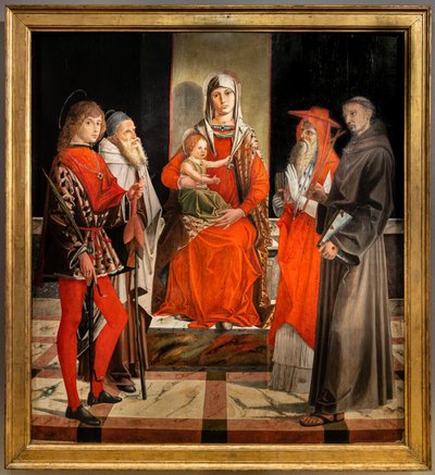 Trůnící Madona s Ježíškem mezi svatými Ansanem, Antonínem Velikým, Jeronýmem a Františkem od Bartolomeo Montagna
