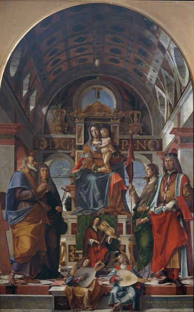 Panna a dítě trůnící se svatými a anděly tvořícími hudbu, 1499. od Bartolomeo Montagna