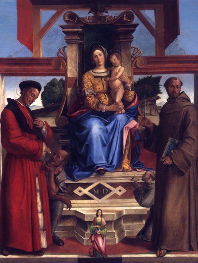 Trůnící Panna Maria s Dítětem, svatý Homobonus, František z Assisi, Kateřina Alexandrijská a zakladatel Bernadino da Feltre (zemřel 1494) od Bartolomeo Montagna