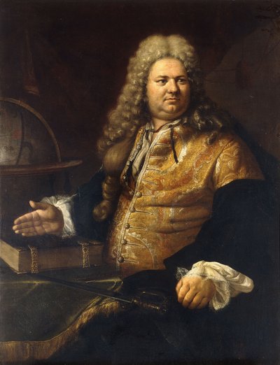Portrét gentlemana, o kterém se říká, že je to herec James Quin, v titulní roli Addisonova Cata, sedícího na tři čtvrtiny, v brokátovém kabátě a zeleném plášti u stolu s Wword, knihou a glóbem od Bartolomeo Nazzari