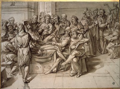 Přednáška z anatomie Michelangela Buonarroti dit Michelangelo (Michelangelo nebo Michel Ange od Bartolomeo Passarotti