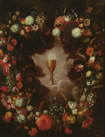 Kalich obklopený květinami a ovocem od Bartolomeo Perez