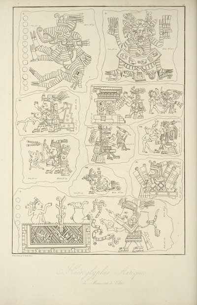 Aztécké hieroglyfy z rukopisu Veletri, ilustrace z „Pohledy na Kordillery a památky domorodých národů Ameriky“ od Alexandra von Humboldta a Aime Bonpland od Bartolomeo Pinelli