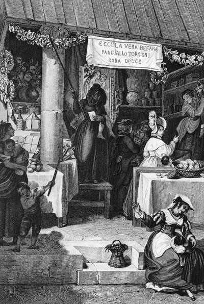 Befana (italská vánoční čarodějnice), stánek prodávající sladkosti a nugát na Piazza Navona během Epiphany, Řím, rytina Bartolomeo Pinelli od Bartolomeo Pinelli