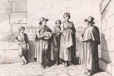 Slepý zpívá a hraje, lept Bartolomeo Pinelli (Řím od Bartolomeo Pinelli