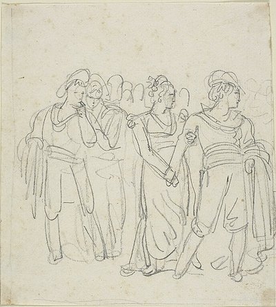 Náčelník zbojníků zadržovaný ženou (recto); skica dvou postav v krajině (verso) od Bartolomeo Pinelli
