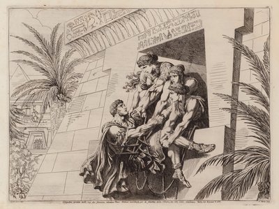 Kleopatra a její společníci zvedají umírajícího Marka Antonia do hrobky (lept) od Bartolomeo Pinelli