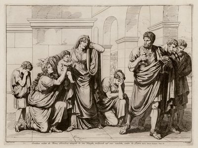 Coriolanus, vyhoštěný z Říma, opouští svou rodinu a plánuje pomstu (lept) od Bartolomeo Pinelli