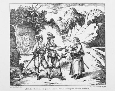 Don Abbondio se setkává se dvěma Bravi, litografie Bartolomea Pinelliho (1781-1835) pro Snoubence od Alessandra Manzoniho (1785-1873), Itálie, 19. století od Bartolomeo Pinelli